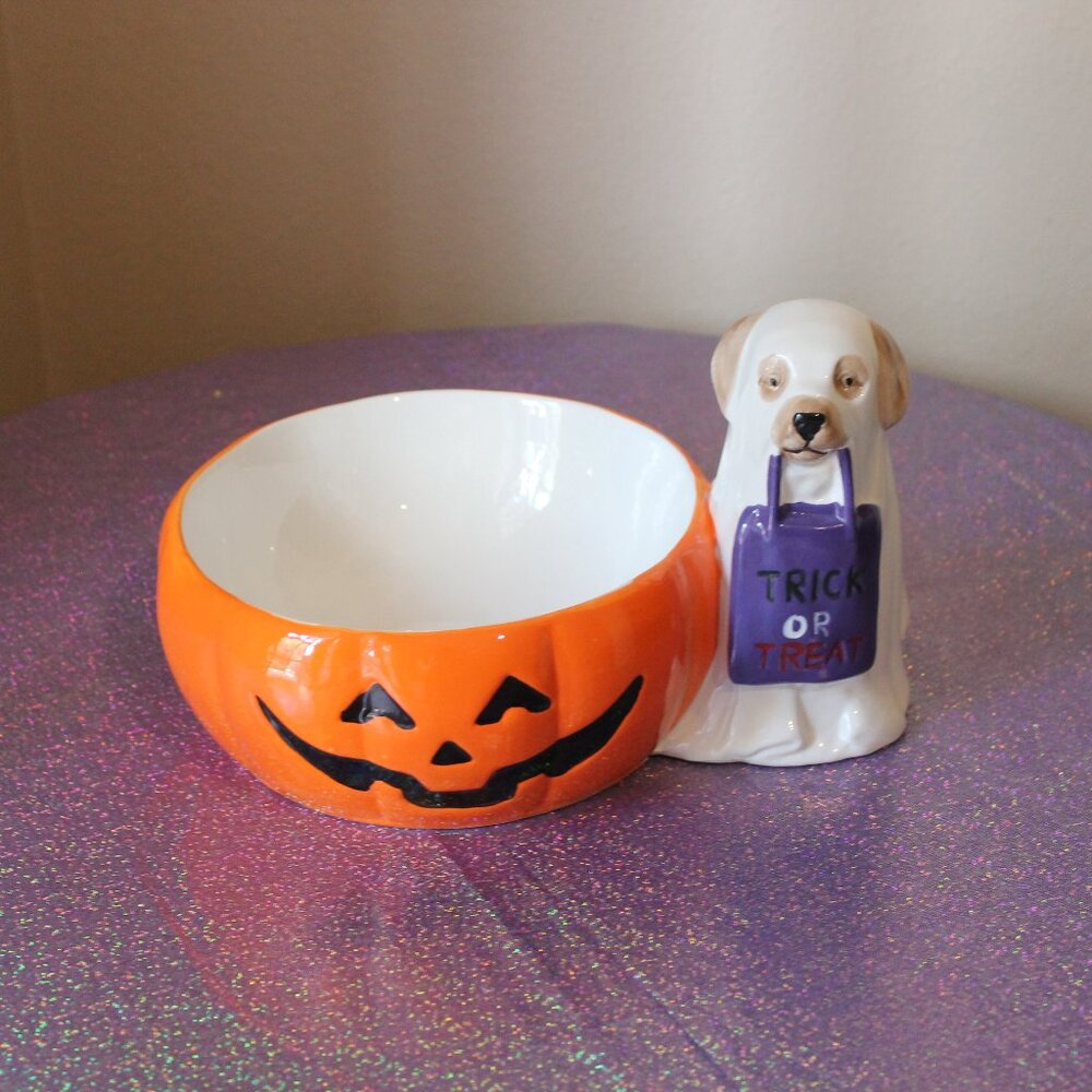 Halloween Ceramic Dog Trick or Treat Bowl Jack O' Lantern Lane NWT